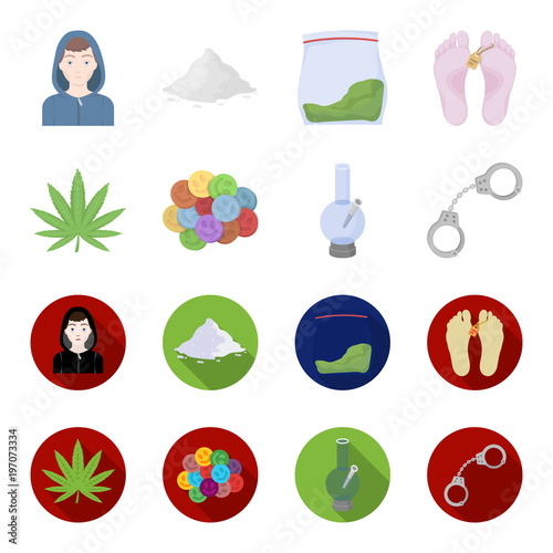 Hemp leaf, ecstasy pill, handcuffs, bong.Drug set collection icons in cartoon,flat style vector symbol stock illustration web.