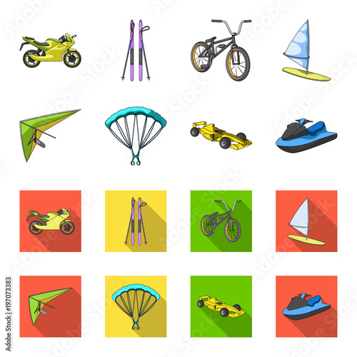 Hang glider, parachute, racing car, water scooter.Extreme sport set collection icons in cartoon,flat style vector symbol stock illustration web. photo