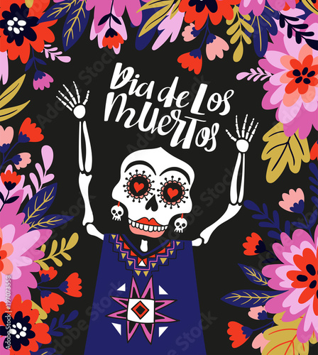 Skeleton in the floral frame. Vector holiday illustration for Day of the dead or Halloween. Funny card design.