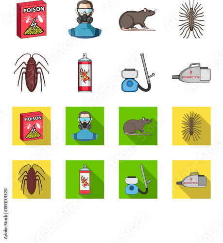 Cockroach and equipment for disinfection cartoon,flat icons in set collection for design. Pest Control Service vector symbol stock web illustration.