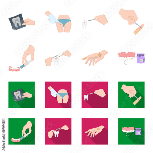 Anesthetic injection, dental instrument, hand manipulation, tooth cleaning and other web icon in cartoon,flat style.bactericidal plaster, medicine icons in set collection.