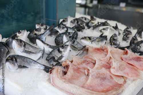 Fotografie Frozen sea bass and raja skate fish fillets on ice in the greek fish shop lined up for sale