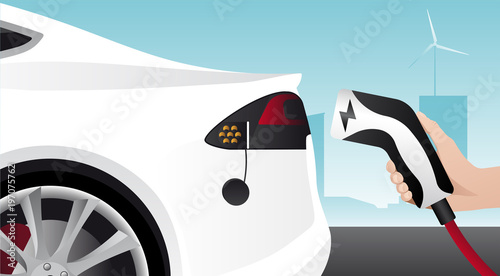 Hand with charging plug. Charging an electric car. Vector illustration