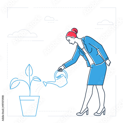 Businesswoman watering the plant - line design style isolated illustration