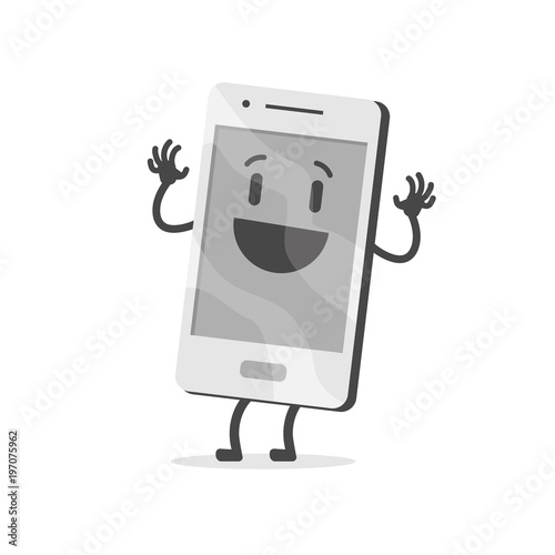 New mobile with bright and clean glowing screen. Happy and smiling cartoon character in gray colors. Flat design, vector illustration.