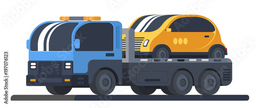 The machine for transportation of faulty vehicles. Lorry wrecker with car on platform. Road service and help.