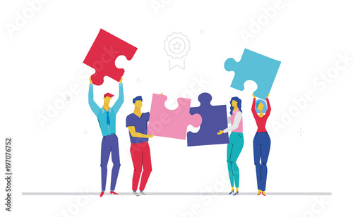 Business team doing a puzzle - flat design style colorful illustration