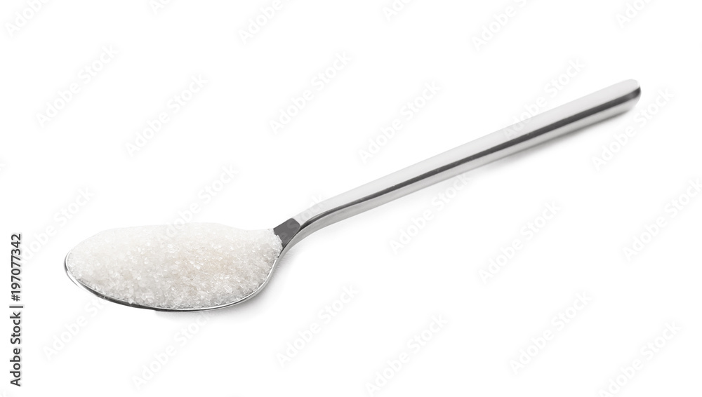 Spoon with pure sugar on white background Spoon with pure sugar on white background