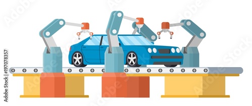 Car assembly line. Automatic auto production conveyor. Robotic car machinery industry concept. Vector illustration.