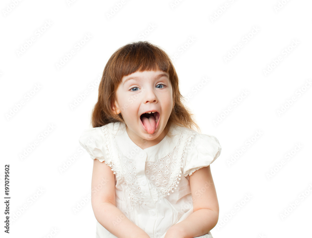 4-5 year old girl showing tongue on white background 4-5 year old girl showing tongue on white background