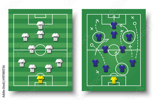 Soccer cup formation and tactic . Set of top view football field and players with jersey on white isolated background . Vector for international world championship tournament 2018 concept