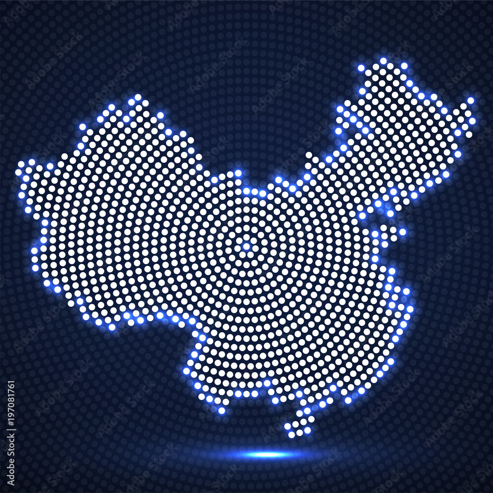 Abstract China map of glowing radial dots, halftone concept
