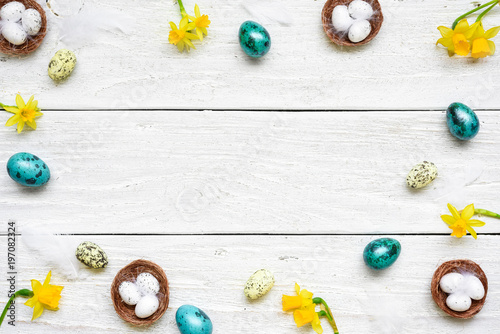 frame made of easter eggs  spring flowers and feathers on white wooden background. easter composition