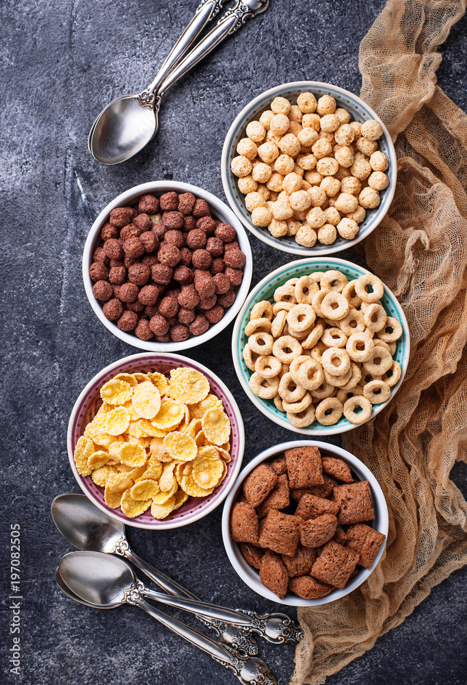 Selection of various corn flakes for breakfast Selection of various corn flakes for breakfast