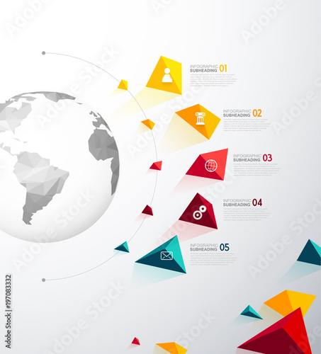 Infographic template with five colorful shapes and icons line up beside polygonal map.