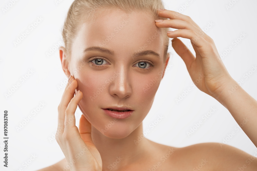 Face, serious, hands, close up, white background Face, serious, hands, close up, white background