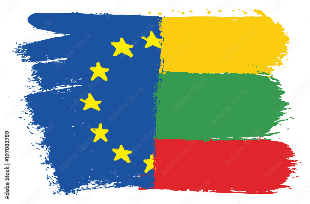 Obraz premium European Union Flag & Lithuania Flag Vector Hand Painted with Rounded Brush