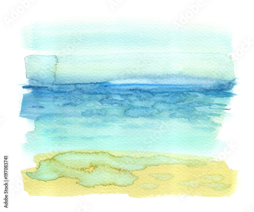 Simple seaside view with turquoise blue tropical sea and yellow sandy beach painted in watercolor on clean white background