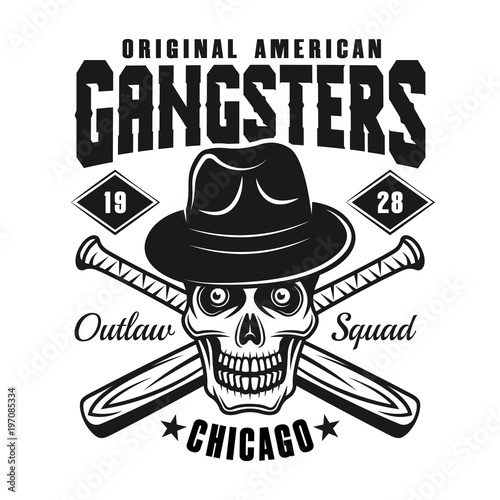 Gangster skull in hat with baseball bats on white