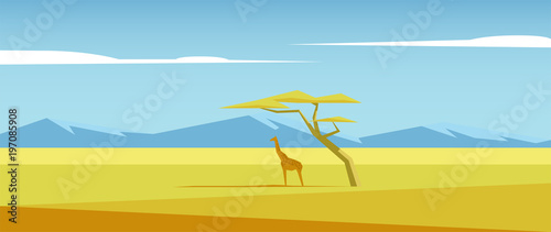 African vector landscape with giraffe standing under the acacia tree in the middle of savannah and mountains in the distance. Acacia and giraffe in the savannah field illustration. Nature of Africa