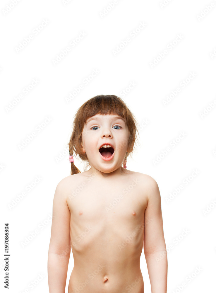 4-5 year old girl taking a deep breath on white background Stock Photo