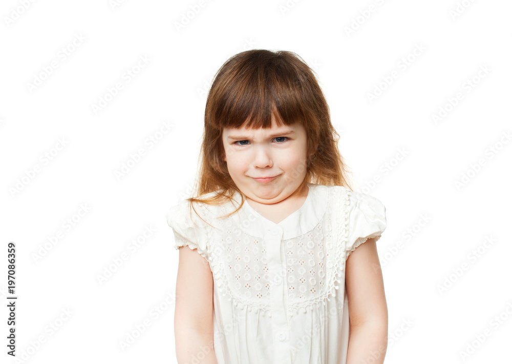 Girl 4-5 years scowls on white background Girl 4-5 years scowls on white background