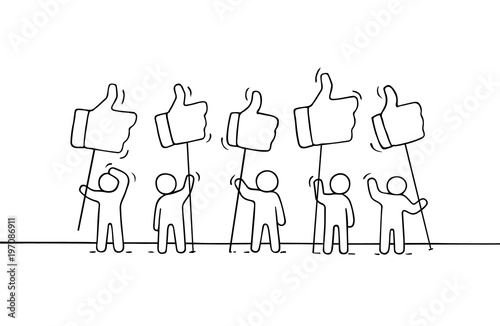Crowd of working little people with like sings.