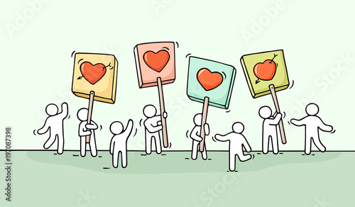 Crowd of working little people with heart sings