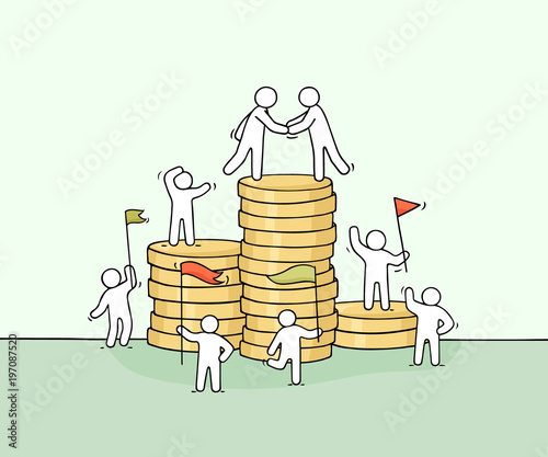 little business people with stack of coins.