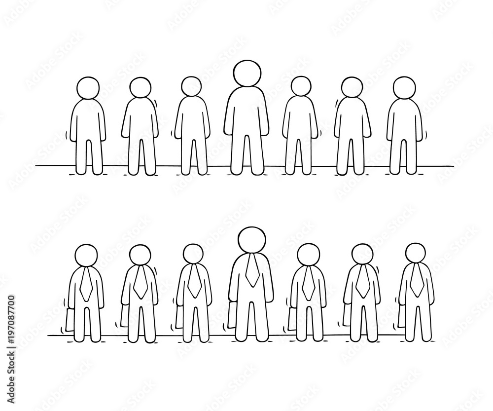 Cartoon working little people stand in a row. Cartoon working little people stand in a row.