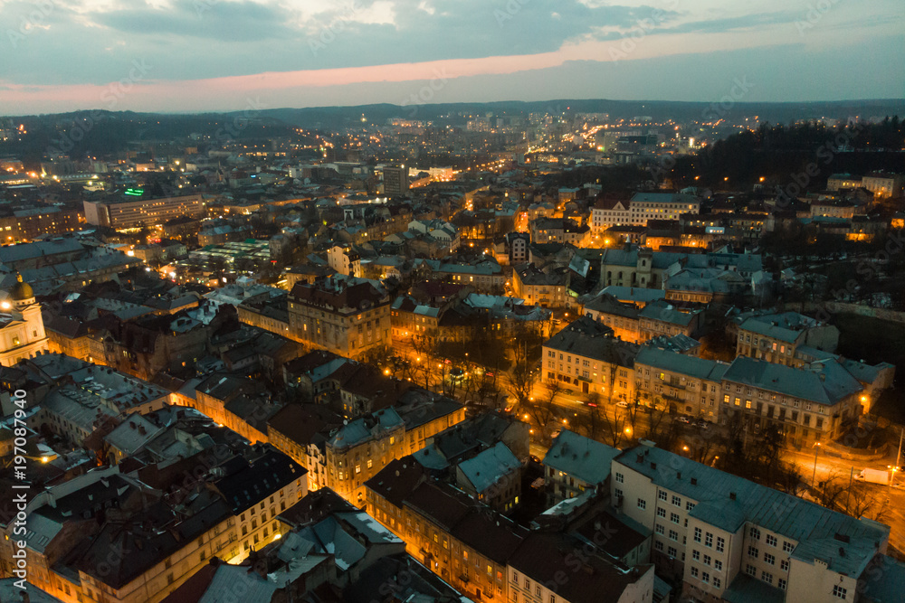 panoramic view of old european city on twilight. bird's eye view.