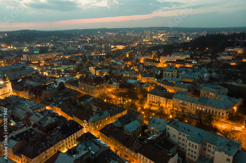 panoramic view of old european city on twilight. bird's eye view.