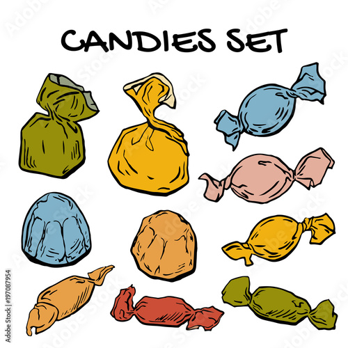 Candies set, multicolor sweets set, assorted candies in sweetie paper in vector EPS8