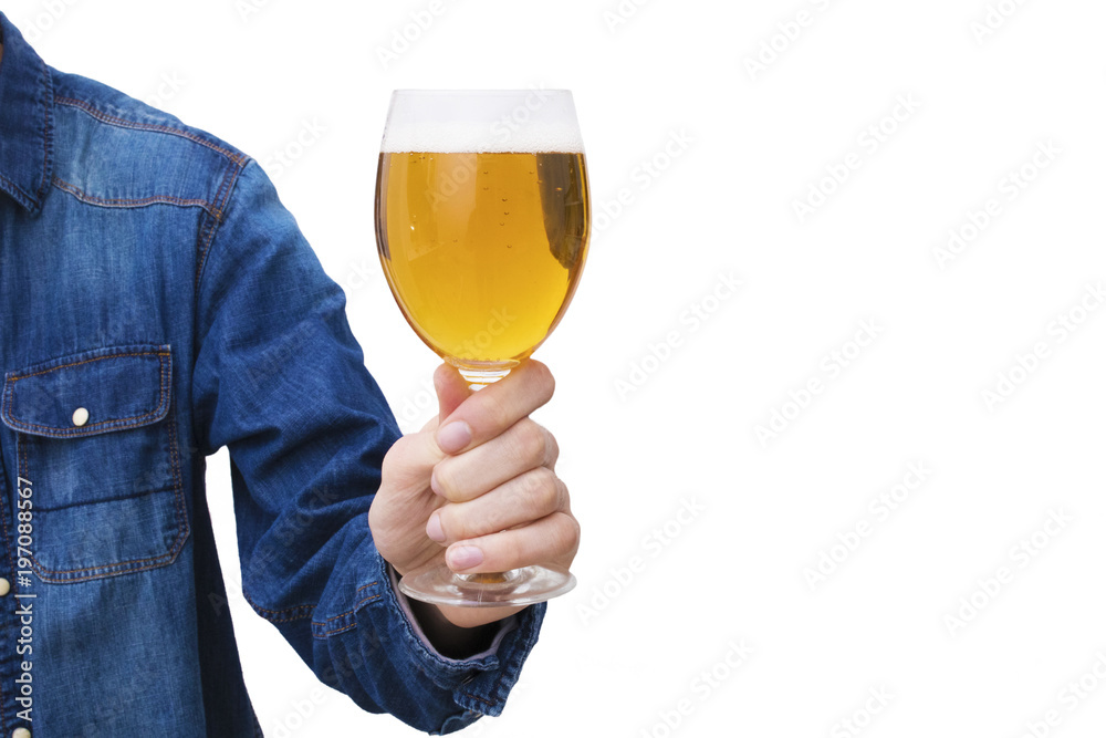hand with beer in the glass insulated in white background hand with beer in the glass insulated in white background