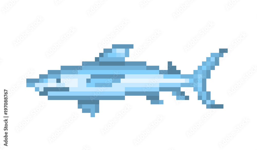 Obraz premium Large dangerous blue shark, pixel art symbol isolated on white background. Ocean, sea, oceanarium fish logo. Underwater animal. Old school 8 bit slot machine icon.Retro 80s; 90s video game graphics.
