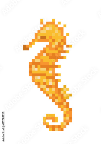 Yellow seahorse, pixel art symbol isolated on white background. Coral reef, aquarium, oceanarium fish logo. Underwater animal. Old school 8 bit slot machine icon.Retro 80s; 90s video game graphics.
