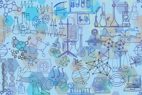 Vector seamless pattern with sketch elements related to science or education. Physics or chemistry abstract background with parts of decorative lab tools and diagrams. Hand drawn.
