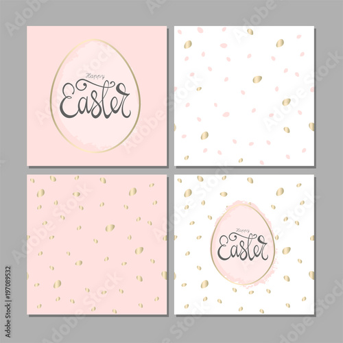Set of Happy Easter lettering quotes with hand drawn brush pastel pink egg and bunny ears symbol isolated on white. Cute holiday background for postcards, invitations, greeting cards, banners, posters