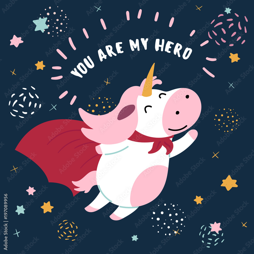 Pink and white cute cow in superhero costume. You are my hero text. Cute animal with extraordinary flying abilities wear mask of a hero and red cloak. Flat vector illustration of a household cow