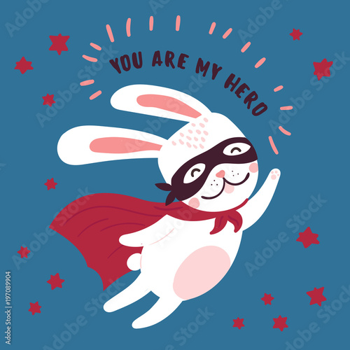 Pink and white cute rabbit in superhero costume. You are my hero text. Cute animal with extraordinary flying abilities wear mask of a hero and red cloak. Flat vector illustration of hare.