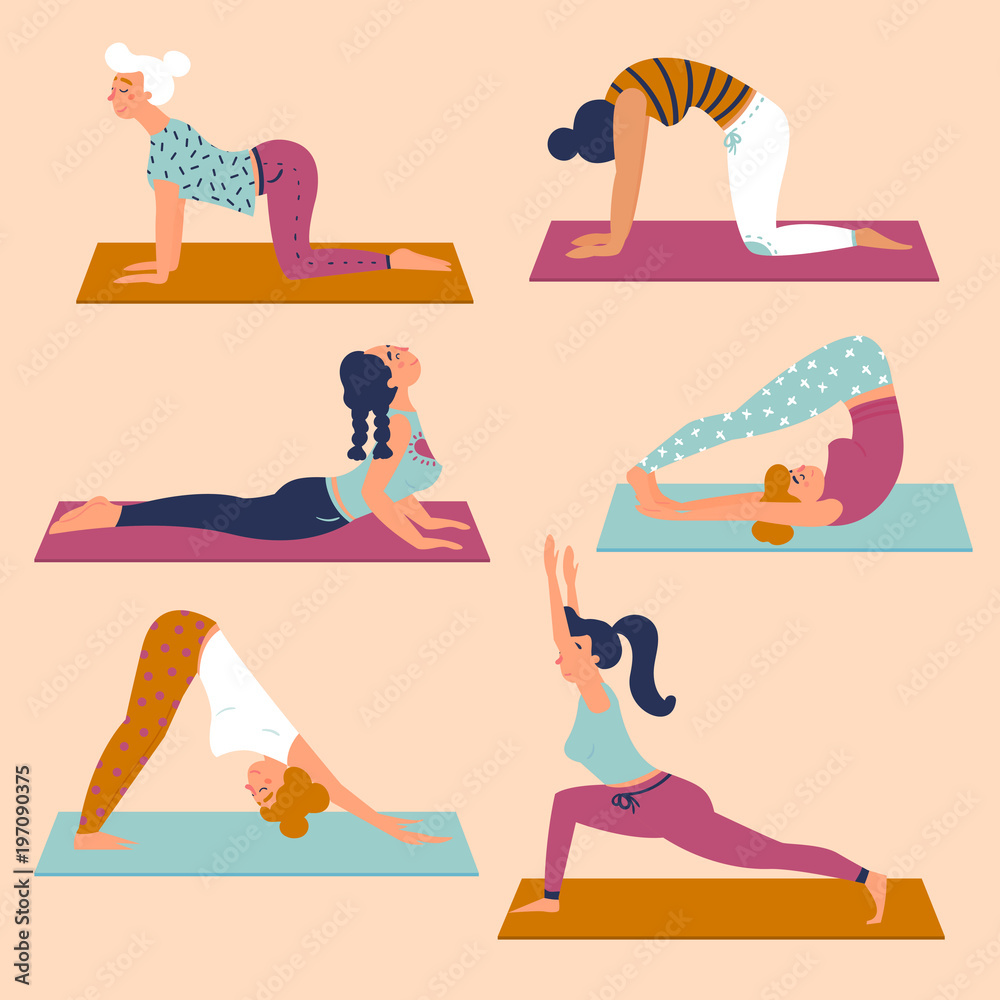 Fototapeta premium Set with beautiful women in various asana poses of yoga. Vector set of exercises illustration. Six women are taking yoga on mats. Healthy lifestyle. Different basic sctretching exercises. Flat style
