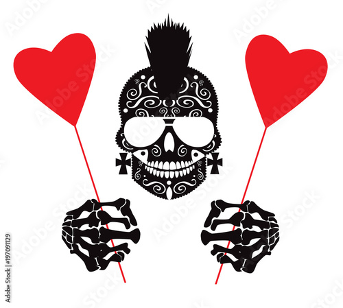 Punk skull with heart balloons, sunglasses and Mohawk.