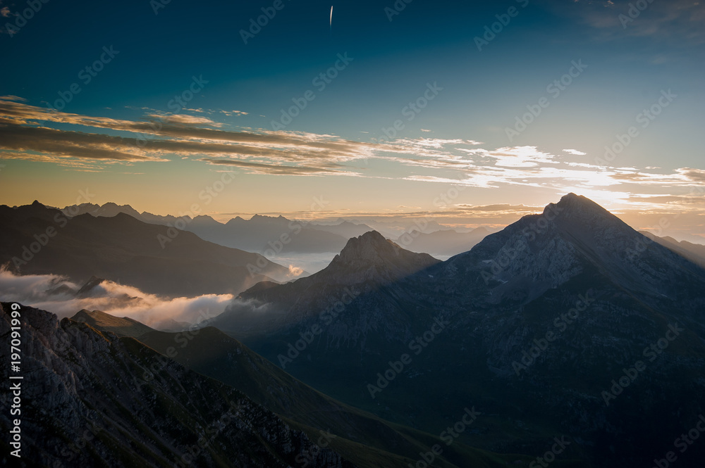 Dawn in the mountains with fog
