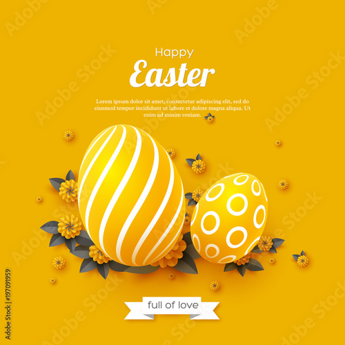 Easter holiday greeting card. Paper cut flowers yellow and grey colors with 3d eggs, holiday background. Vector illustration.