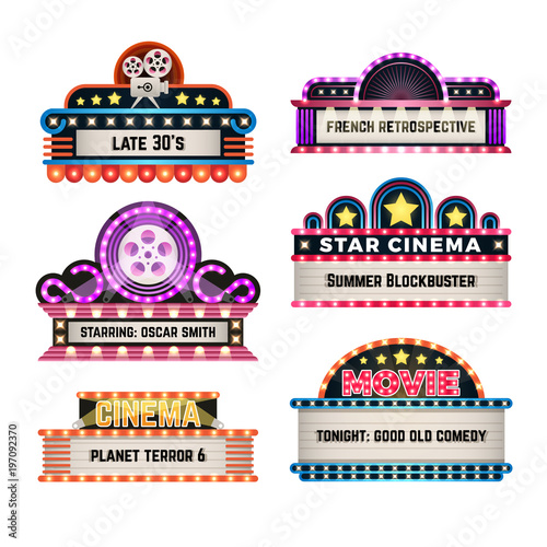 American motel and movie retro signs with light frame. Vintage casino billboards vector set