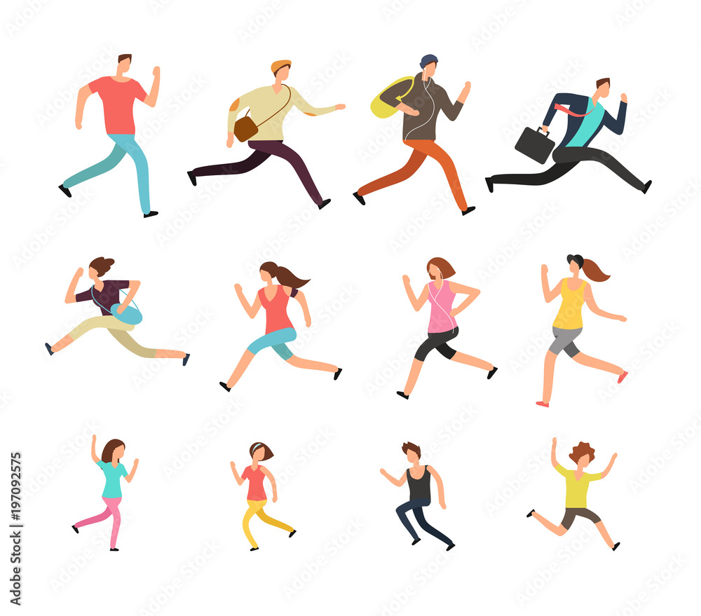 Various running people. Hurrying active male, female and kids vector set