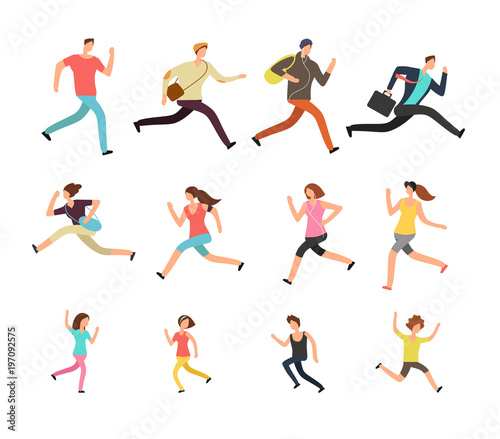 Various running people. Hurrying active male, female and kids vector set