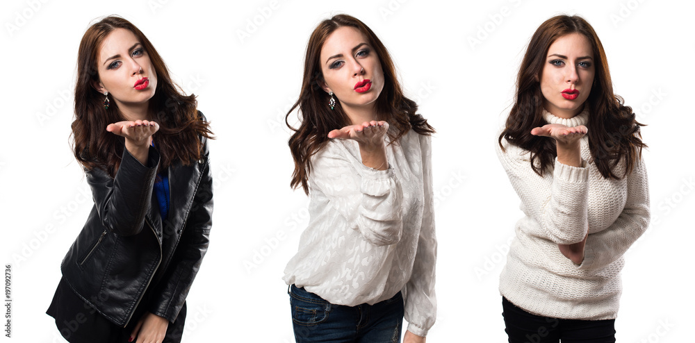 Obraz premium Set of Beautiful young girl sending a kiss