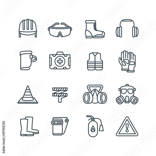 Safety work equipment and protective clothing line vector icons