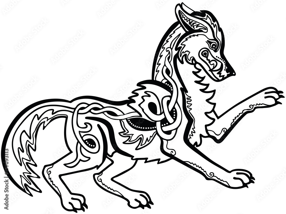 Naklejka premium Wektor ilustracja celtic knot wilk Fenrir czarno-białe